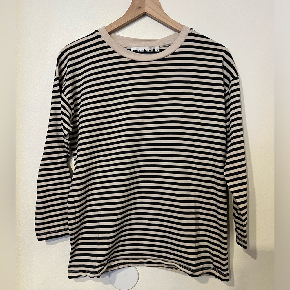 Main story striped long sleeve T black and cream organic cotton size 14 boy